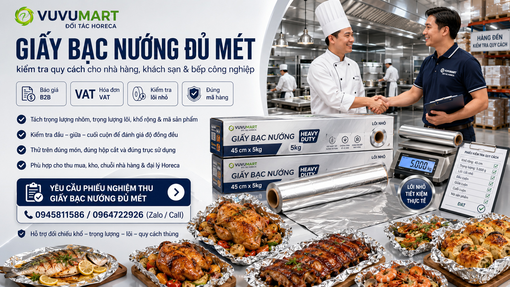 Màng nhôm bọc thực phẩm Hà Nội cho nhà hàng: loại dày, VAT và giao định kỳ 46 Giấy bạc nướng đủ mét cho nhà hàng cách kiểm tra lõi và cuộn trước khi nhập