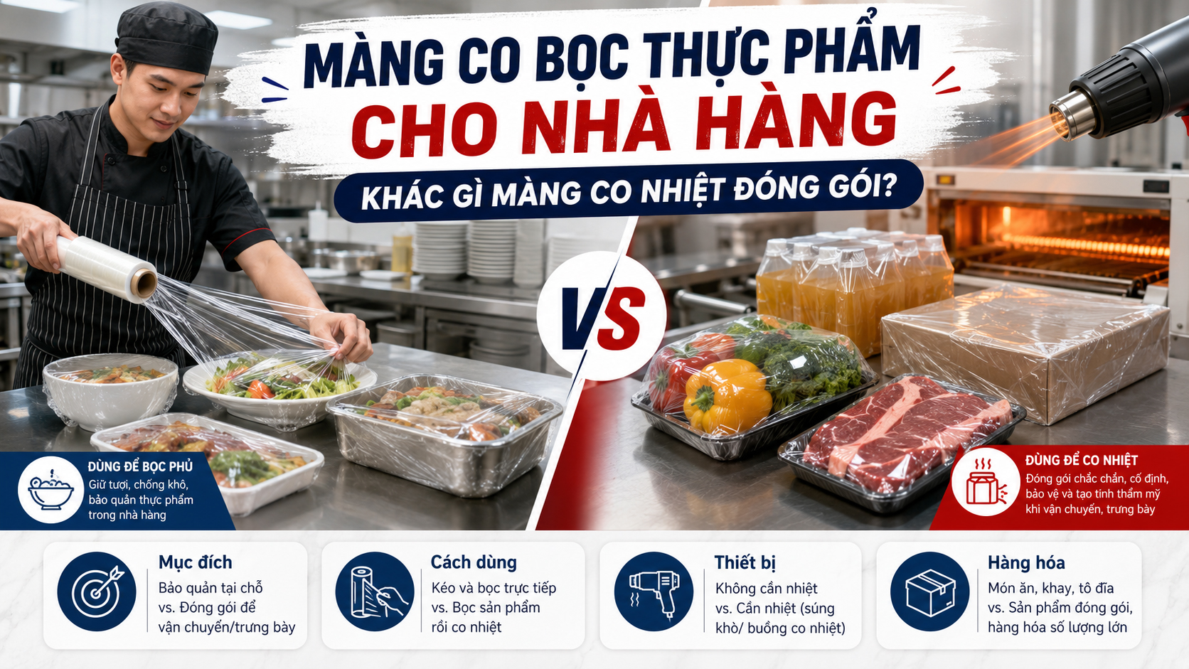 Màng bọc thực phẩm PE hay PVC cho nhà hàng? Chọn theo món và điều kiện sử dụng màng co bọc thực phẩm cho nhà hàng