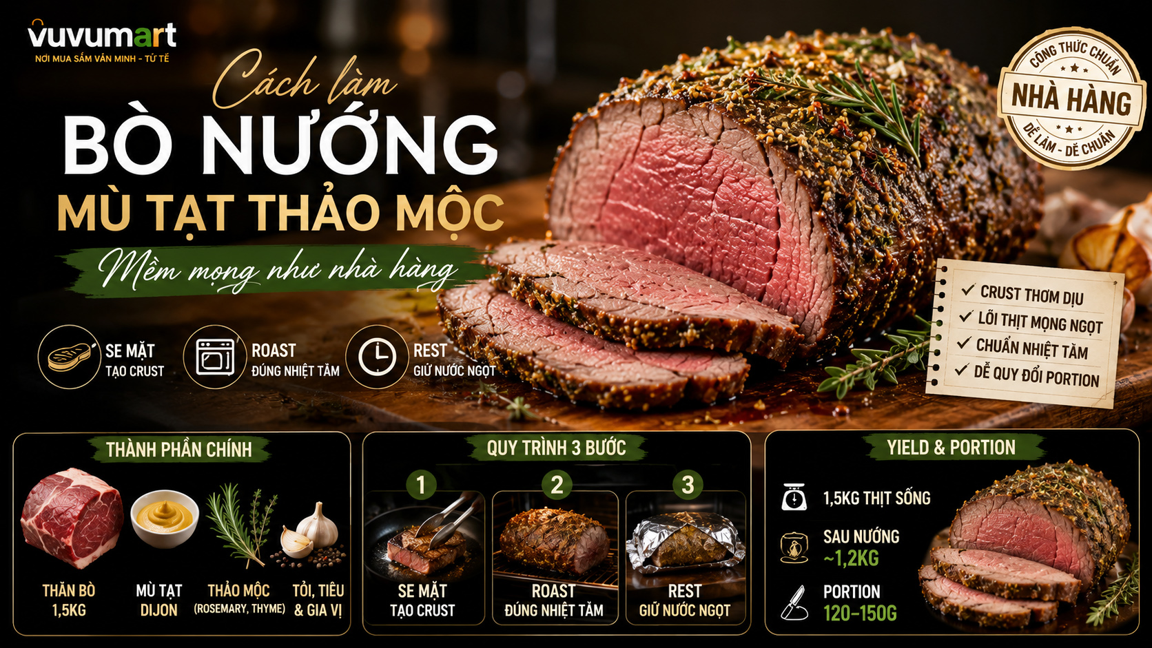 Bò nướng mù tạt thảo mộc thơm dịu, vỏ đậm vị và lõi thịt mọng hồng 44 Bò nướng mù tạt thảo mộc thơm dịu, vỏ đậm vị và lõi thịt mọng hồng