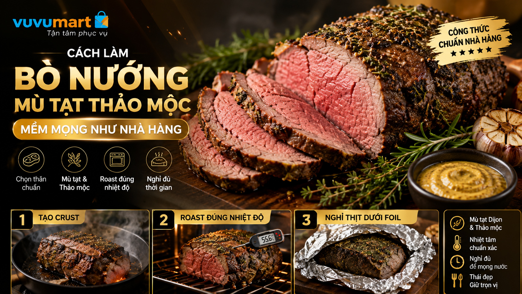 Bò nướng mù tạt thảo mộc thơm dịu, vỏ đậm vị và lõi thịt mọng hồng