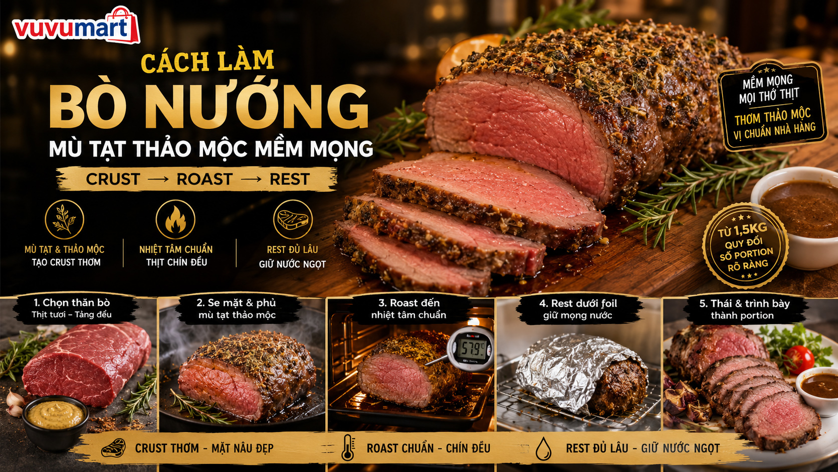 Bò nướng mù tạt thảo mộc thơm dịu, vỏ đậm vị và lõi thịt mọng hồng 45 Bò nướng mù tạt thảo mộc thơm dịu, vỏ đậm vị và lõi thịt mọng hồng