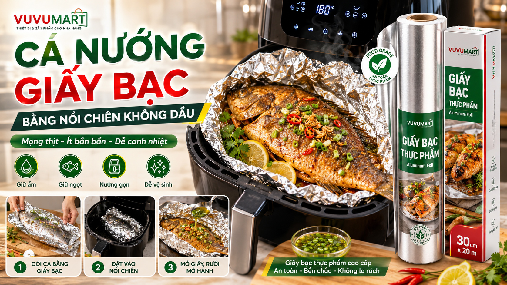 Cá Nướng Giấy Bạc Bằng Nồi Chiên Không Dầu Nhiệt, Thời Gian Và Cách Gói