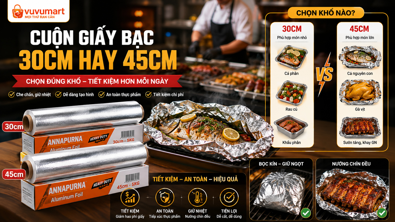 Cuộn Giấy Bạc 30cm Hay 45cm? Chọn Theo Cá, Gà, Khay Và Phần Giấy Dư 42 Cuộn Giấy Bạc 30cm Hay 45cm Chọn Theo Cá, Gà, Khay Và Phần Giấy Dư