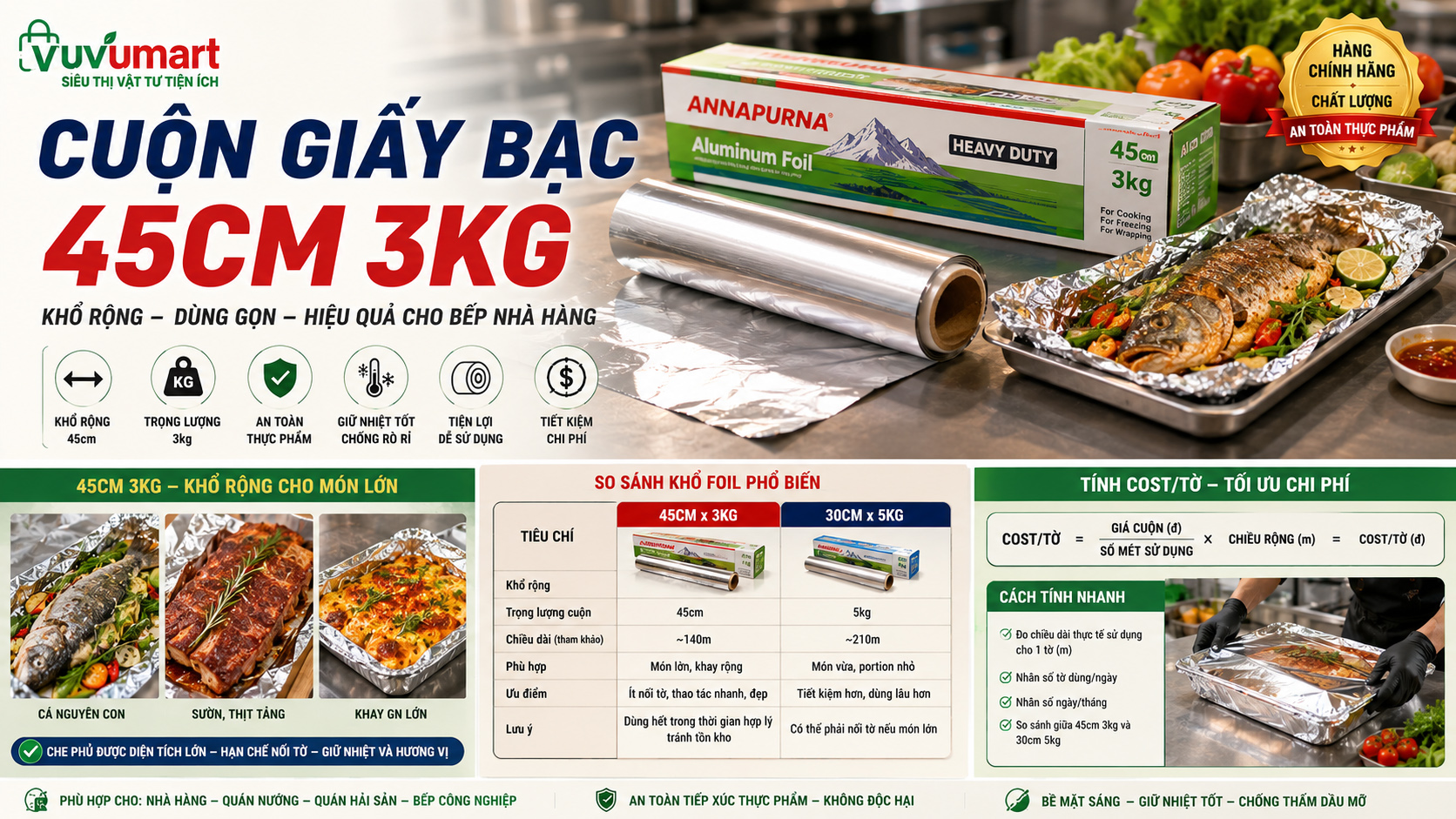 Cuộn Giấy Bạc 45cm 3kg Khổ Rộng Nhưng Cuộn Vừa Cho Bếp Dùng Bao Nhiêu