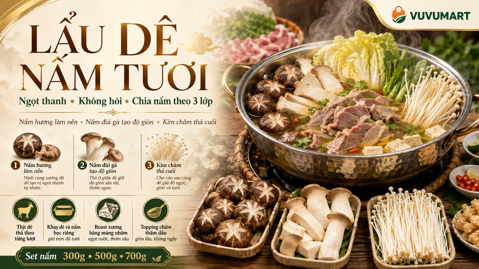 Lẩu dê nấm tươi nước thanh ngọt, thịt mềm và nấm giòn đầy đặn
