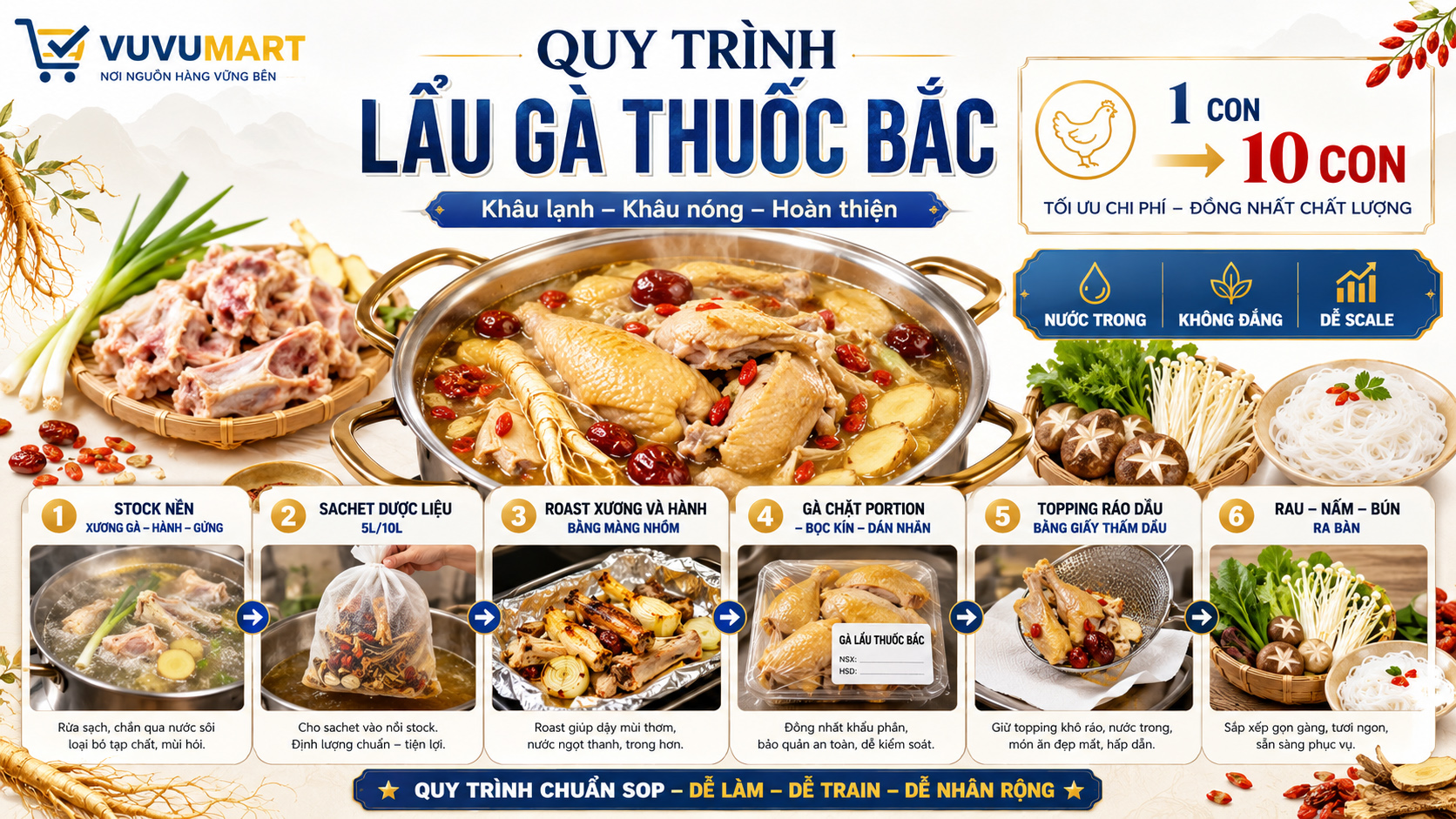 Lẩu gà thuốc bắc thơm dịu, nước ngọt trong và không để mùi thuốc lấn vị gà